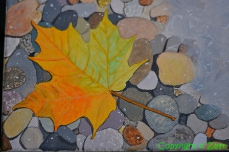 Detail: I finished the water and pebbles with a gloss varnish, but used a matt varnish on the leaf
